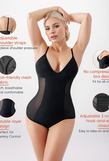 Sheer Mesh Body Shaper Tummy Control Shapewear Bodysuit V Neck Bra Leotard