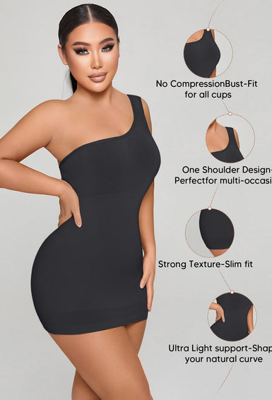 Sleeveless Shapewear Top One Shoulder Dress Slip Body Shaper Bodycon Mini Dresses