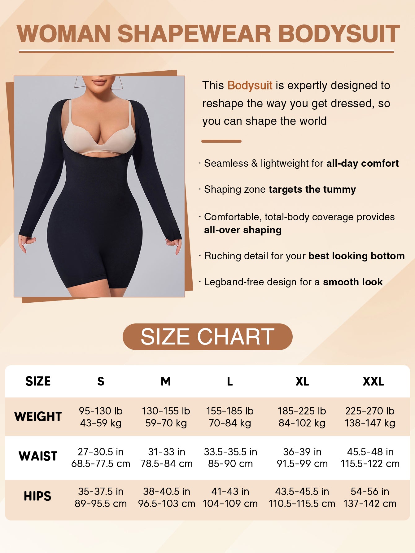 MUEE Open Bust Long Sleeve Mid-Thigh Body Suit Arm Shaping Bodysuit For Women