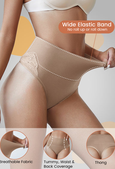 Women's Lace Thong Shapewear, High Waisted  Shaping Thong Panties Underwear
