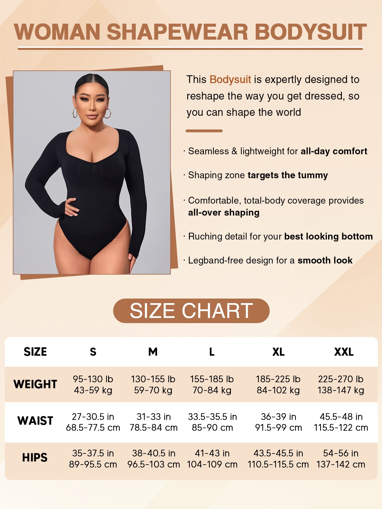 Long Sleeve Shapewear Bodysuit Tummy Control Slimming Body Suit for Womens
