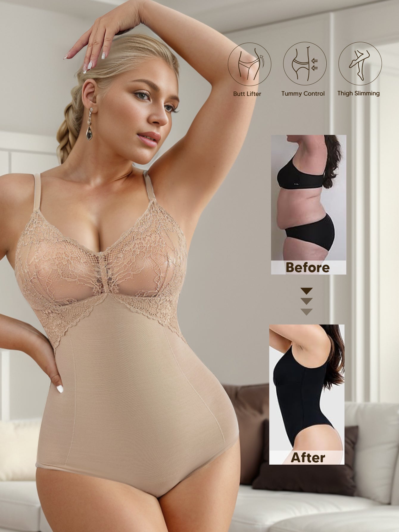 Lace Bodysuit for Women Tummy Control Shapewear One Piece Body Shaper Thongs