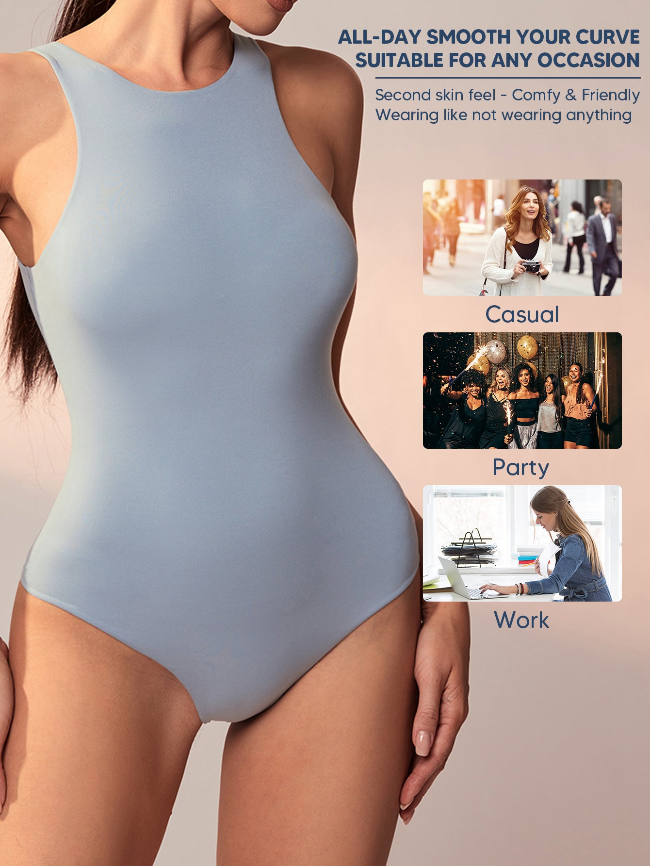 High Neck Sleeveless Thong Bodysuit, Ultra Soft Racerback Causal Tank Tops For Women