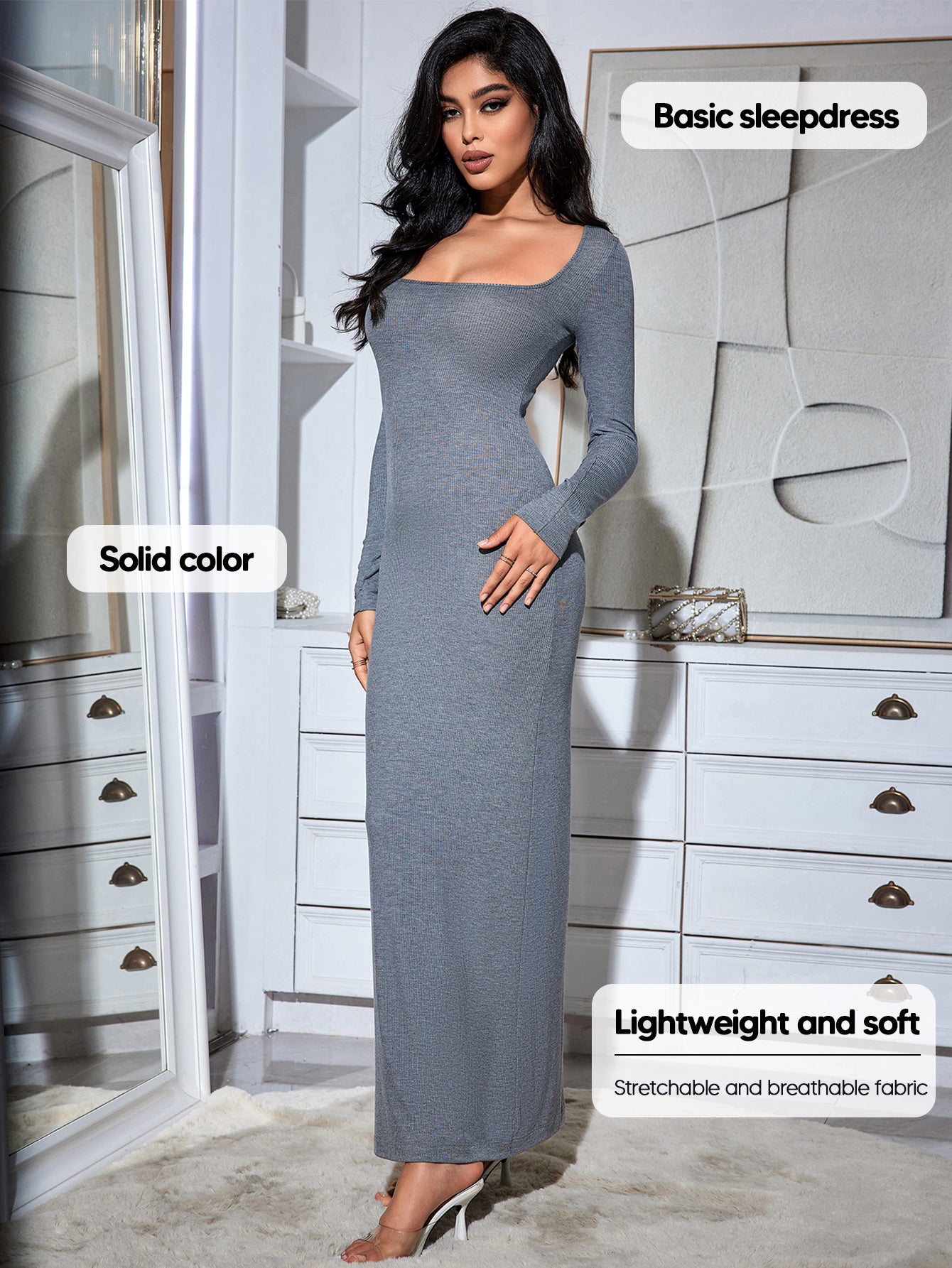 Square Neck Long Sleeve Slip Dress Ribbed Soft Lounge Dress