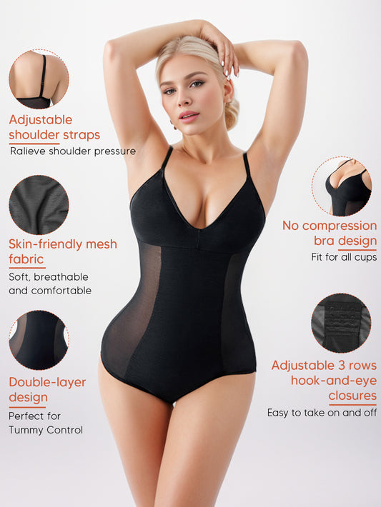 Sheer Mesh Body Shaper Tummy Control Shapewear Bodysuit V Neck Bra Leotard