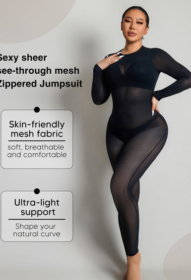 Sexy Sheer See Through Mesh Zippered Jumpsuit For Women Bodycon Outfits