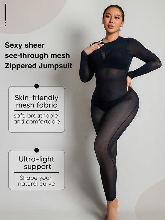 Sexy Sheer See Through Mesh Zippered Jumpsuit For Women Bodycon Outfits