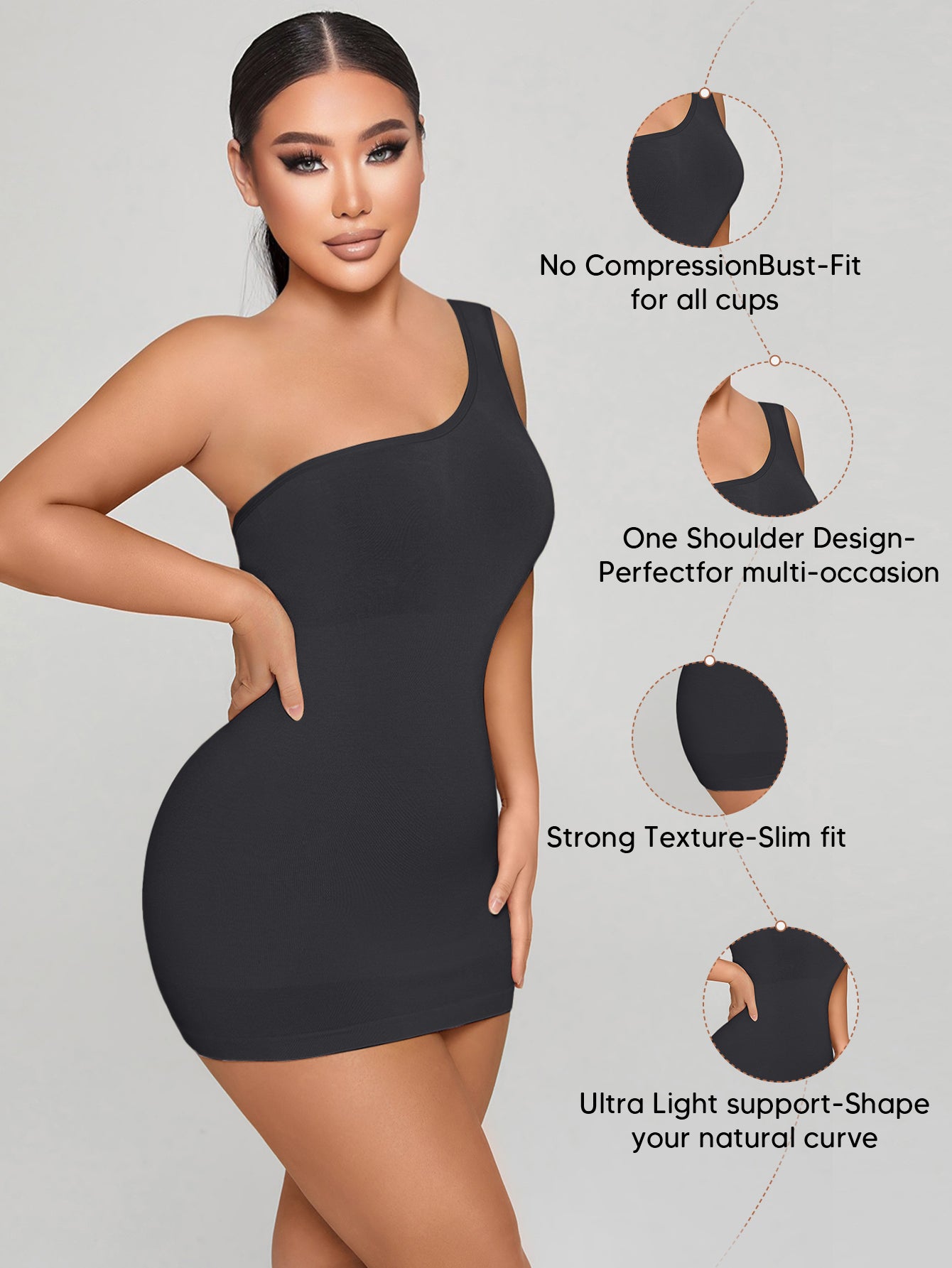 Sleeveless Shapewear Top One Shoulder Dress Slip Body Shaper Bodycon Mini Dresses