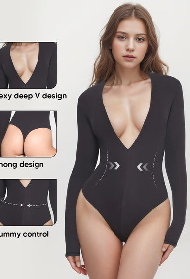 Deep V-Neck Long Sleeve Top Sexy Low Cut Thong Bodysuit Shirts