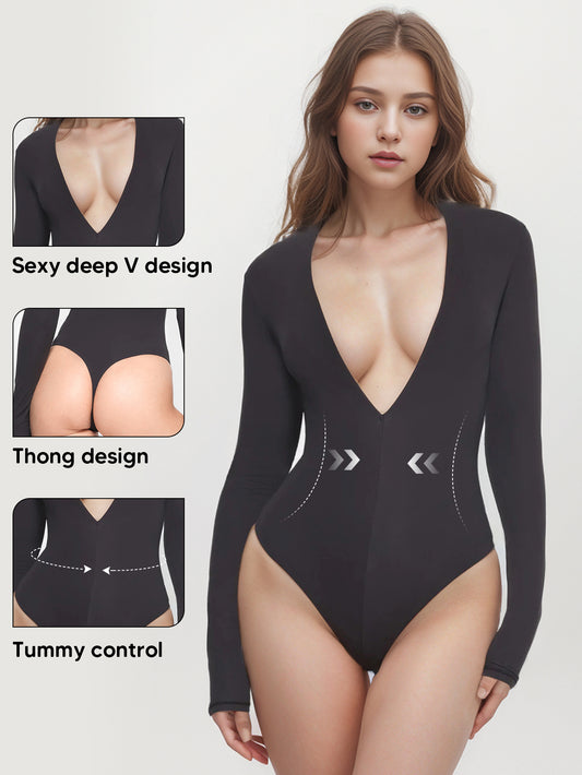 Deep V-Neck Long Sleeve Top Sexy Low Cut Thong Bodysuit Shirts