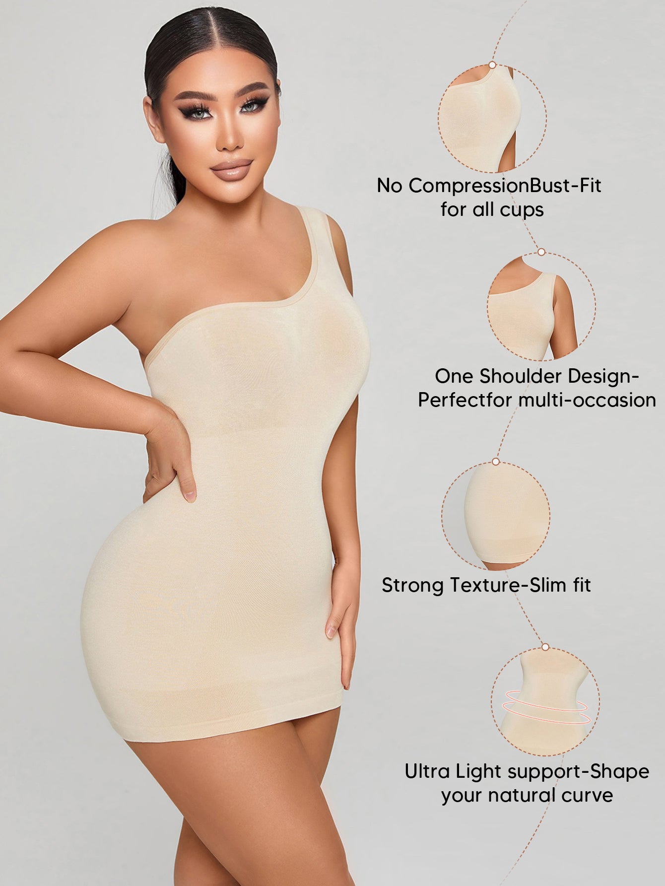 Sleeveless Shapewear Top One Shoulder Dress Slip Body Shaper Bodycon Mini Dresses