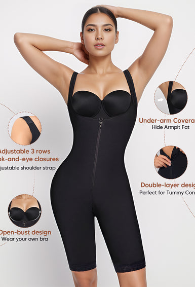 Open-Bust Bodysuit Thigh Slimmer Shapewear Tummy Control Zipper Compression Garment