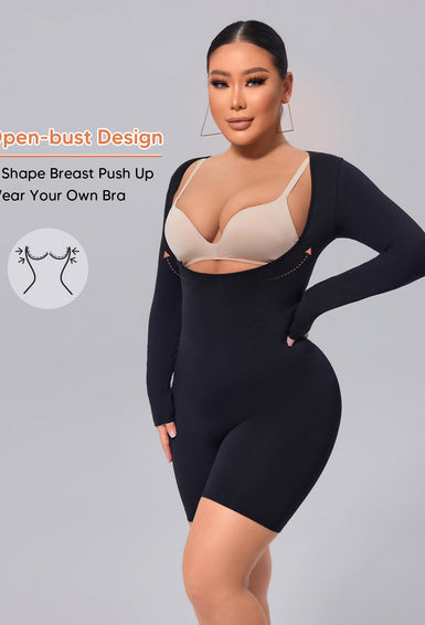 MUEE Open Bust Long Sleeve Mid-Thigh Body Suit Arm Shaping Bodysuit For Women
