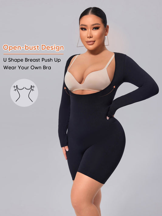 MUEE Open Bust Long Sleeve Mid-Thigh Body Suit Arm Shaping Bodysuit For Women