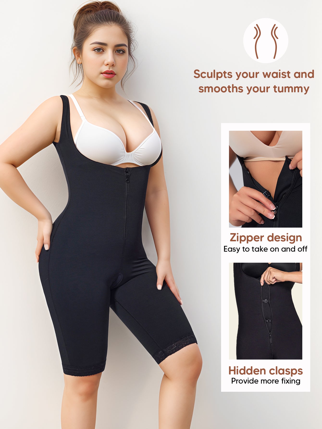 Open-Bust Bodysuit Thigh Slimmer Shapewear Tummy Control Zipper Compression Garment