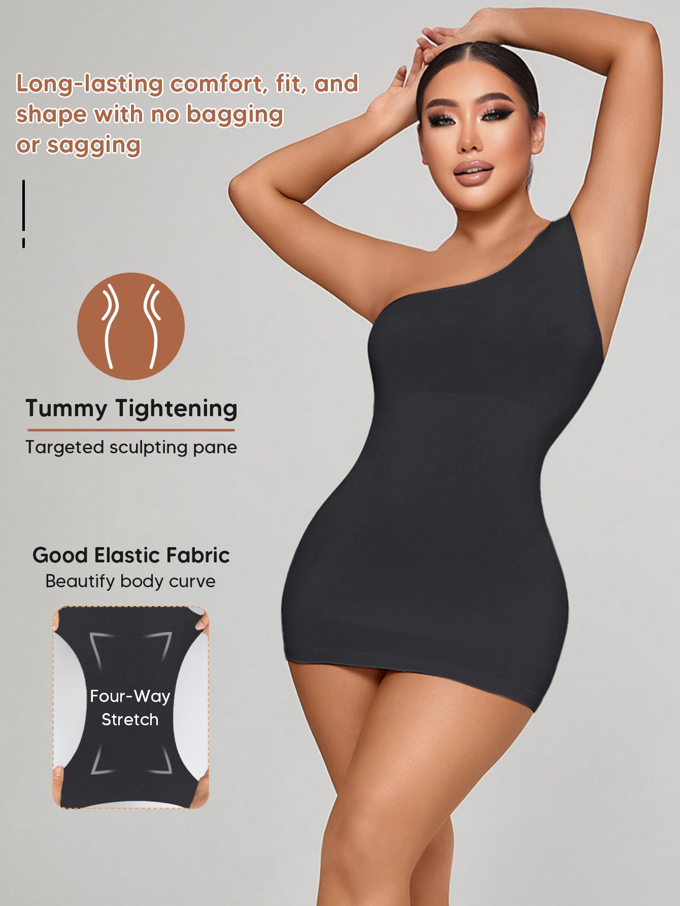 Sleeveless Shapewear Top One Shoulder Dress Slip Body Shaper Bodycon Mini Dresses