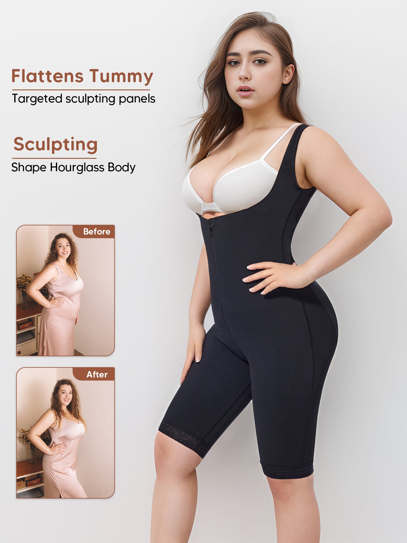 Open-Bust Bodysuit Thigh Slimmer Shapewear Tummy Control Zipper Compression Garment