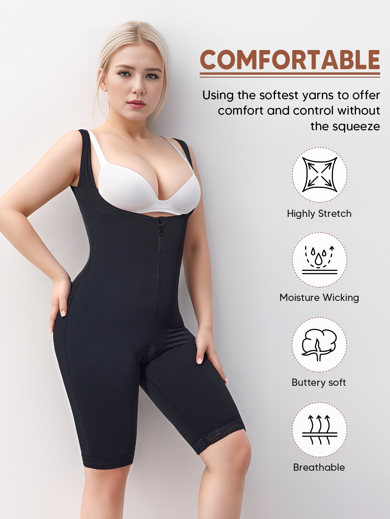 Open-Bust Bodysuit Thigh Slimmer Shapewear Tummy Control Zipper Compression Garment