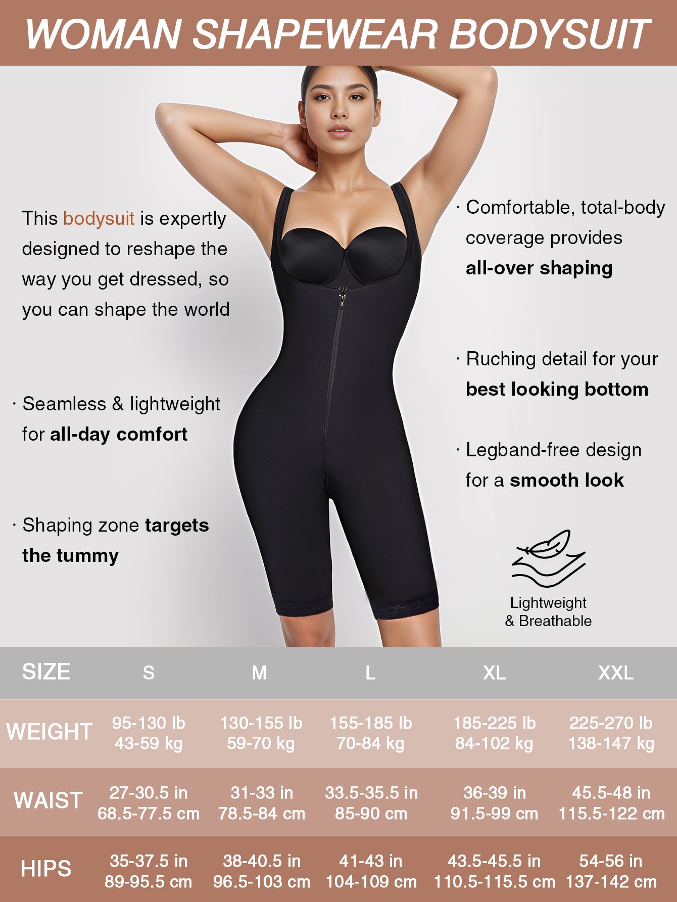 Open-Bust Bodysuit Thigh Slimmer Shapewear Tummy Control Zipper Compression Garment