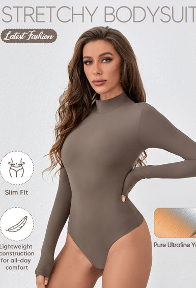 Mock Turtle Neck Long Sleeve Double Lined Slimming Shirt Going Out Thong Jumpsuits Tops