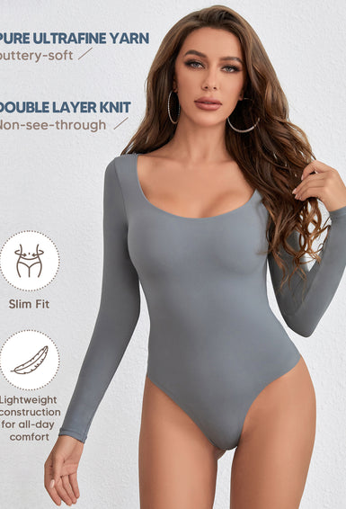 Long Sleeve Thong Bodysuits for Women Scoop Neck Stretchy Basic T Shirt Tops