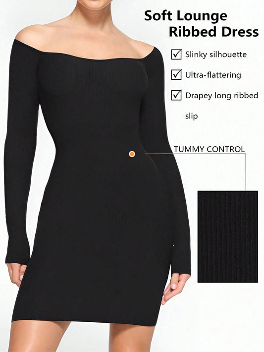 Women's Basic Off Shoulder Long Sleeve Bodycon Short Dress