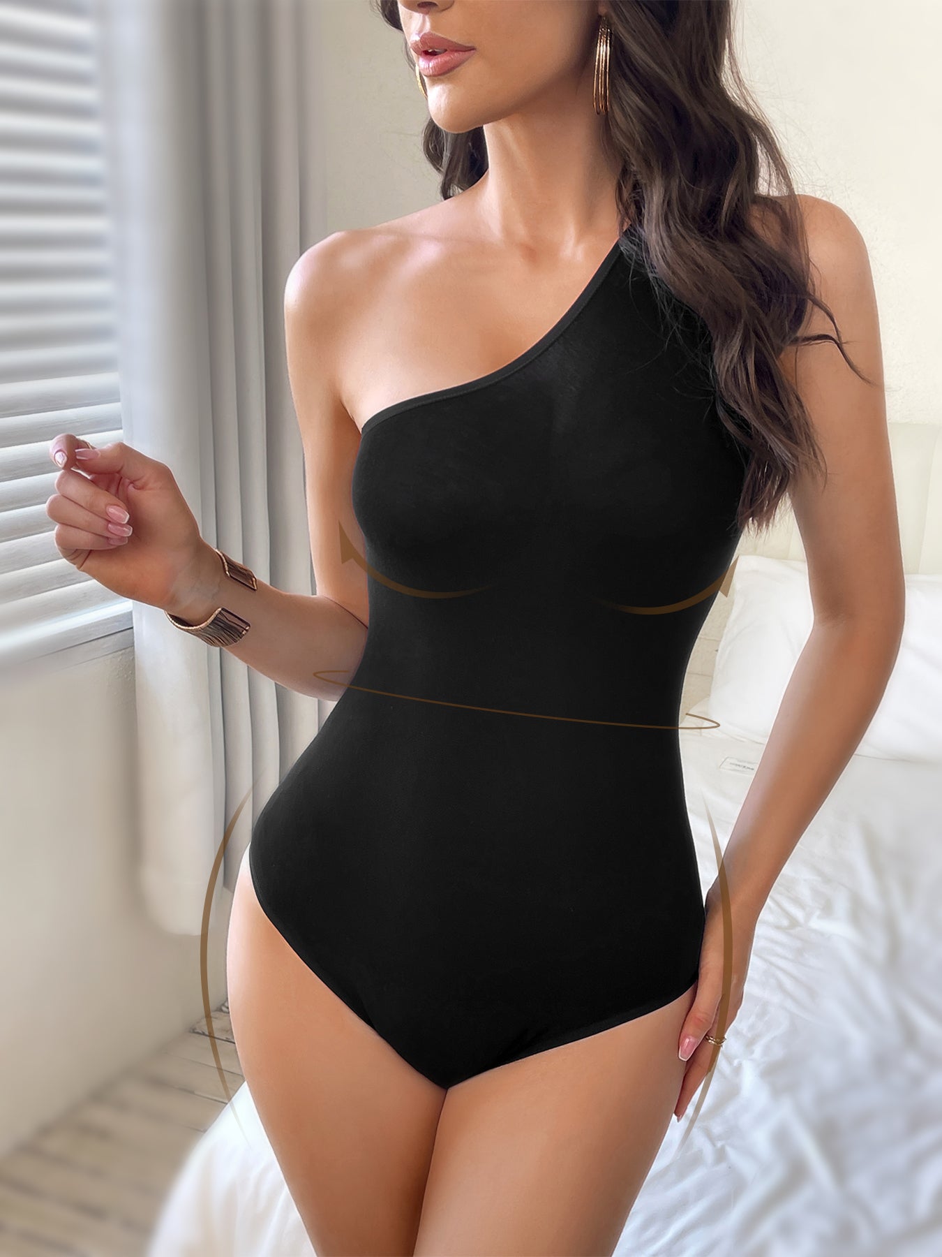 MUEE Solid Sleeveless One Shoulder One Piece Shaping Thong Bodysuit