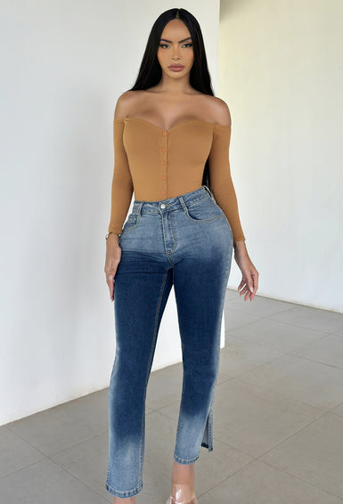 Denim Relaxed Fit High Waist Solid Gradient Straight Leg Jeans Pants