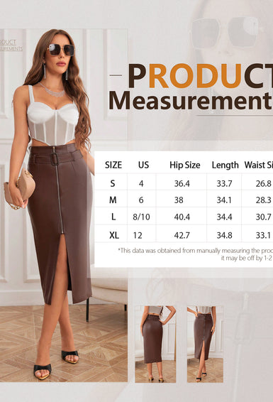 Women's Sexy Zip Up High Waist Split Faux Leather Pencil Skirt with Belt