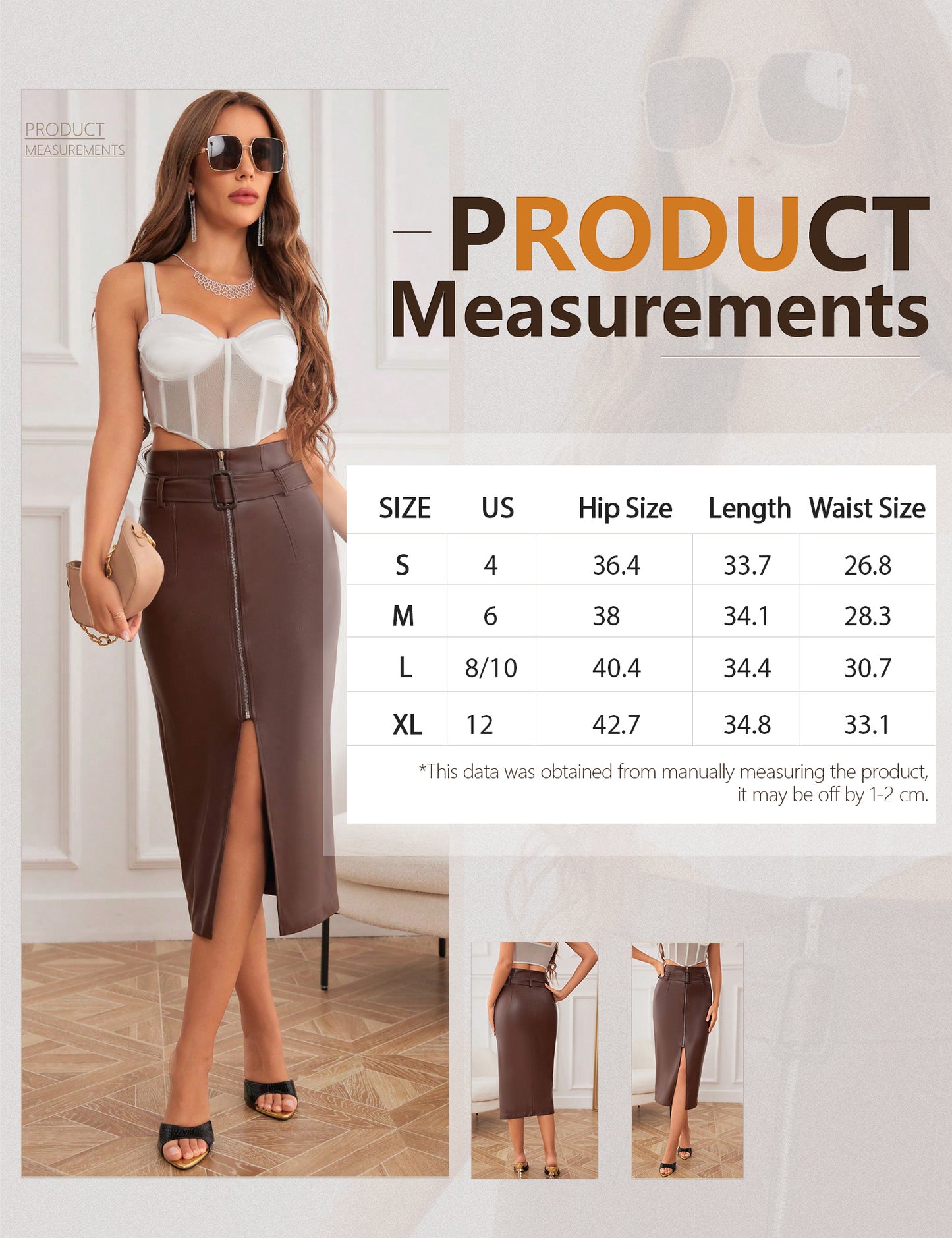 Women's Sexy Zip Up High Waist Split Faux Leather Pencil Skirt with Belt