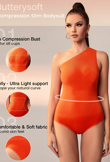 MUEE Solid Sleeveless One Shoulder One Piece Shaping Thong Bodysuit