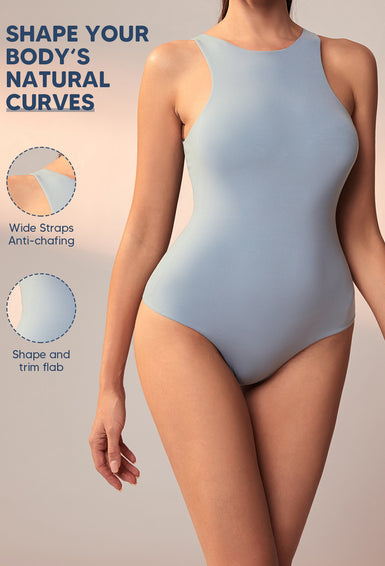 High Neck Sleeveless Thong Bodysuit, Ultra Soft Racerback Causal Tank Tops For Women