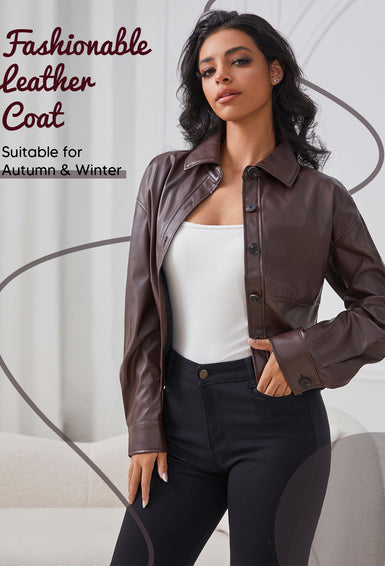 Women Retro Brown Faux Leather Old Money Aesthetic Vintage Fall Jacket