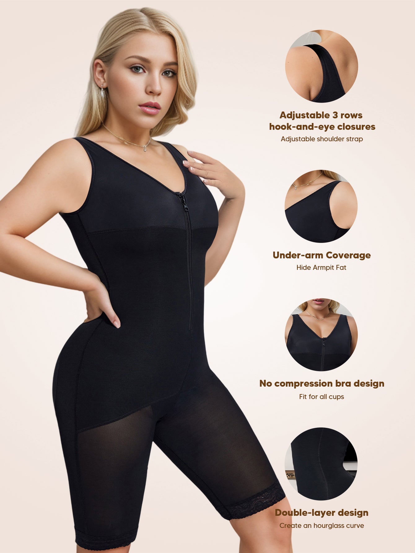 MUEE Compression Waist Trainer Fajas Zip up Full Bust Corset Bodysuits Shorts