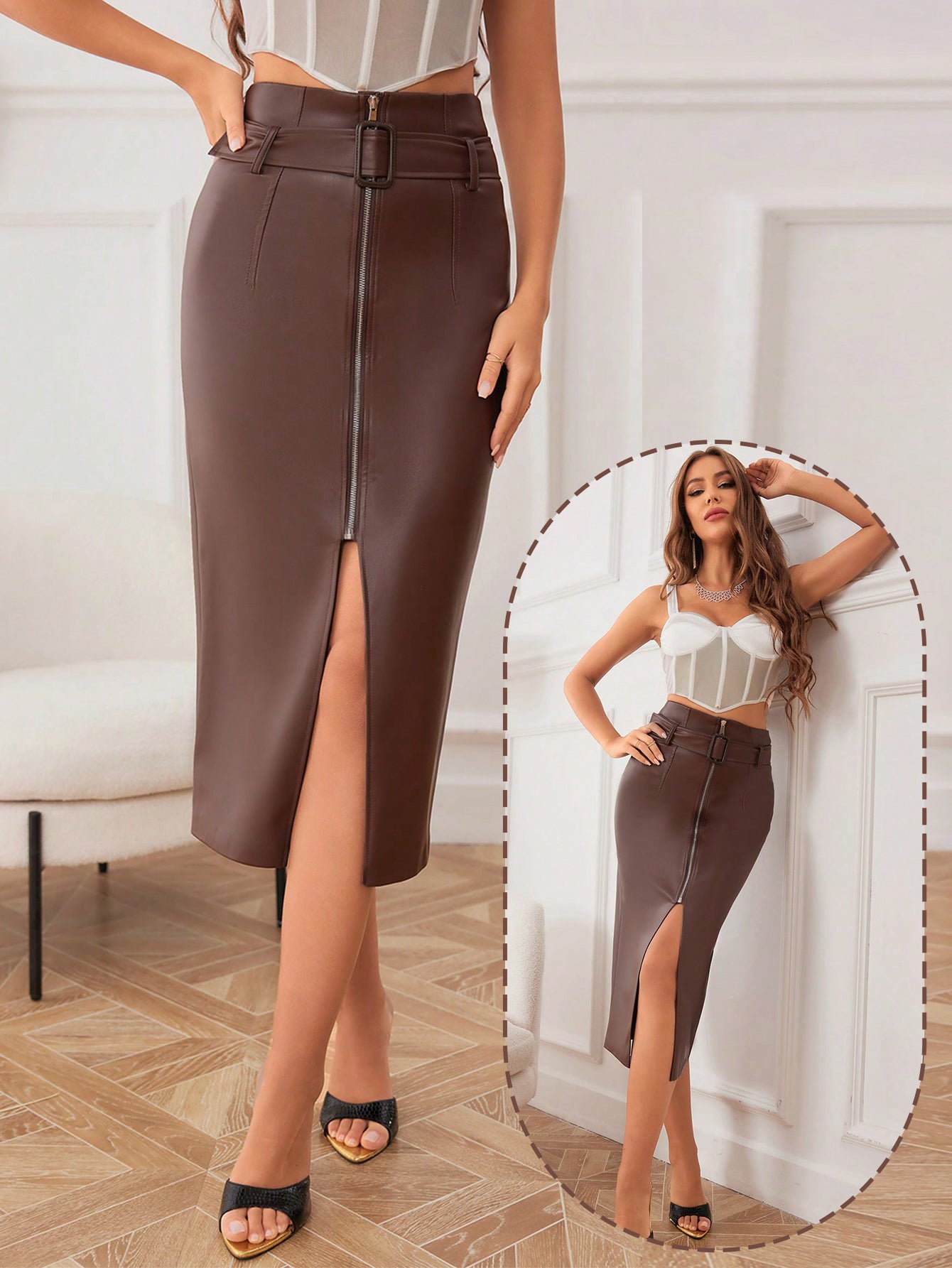 Women's Sexy Zip Up High Waist Split Faux Leather Pencil Skirt with Belt