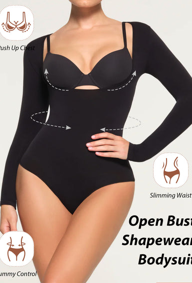 Open Bust Shapewear Bodysuit Shirt Arm Slimmer Long Sleeve Compression Top