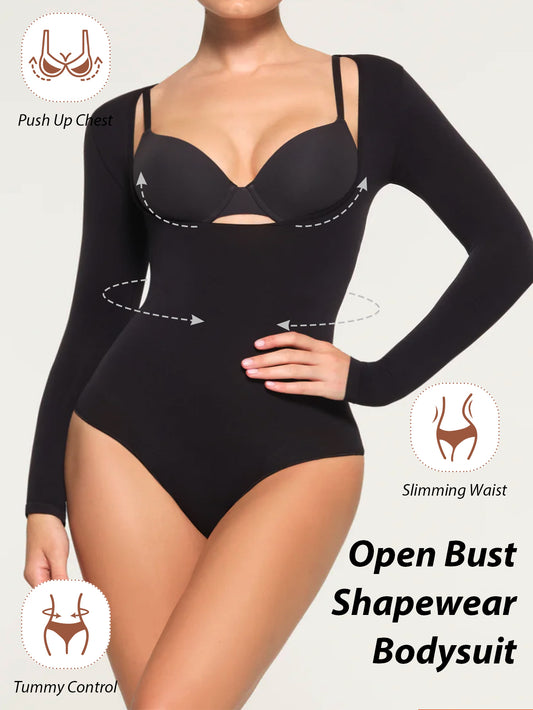 Open Bust Shapewear Bodysuit Shirt Arm Slimmer Long Sleeve Compression Top