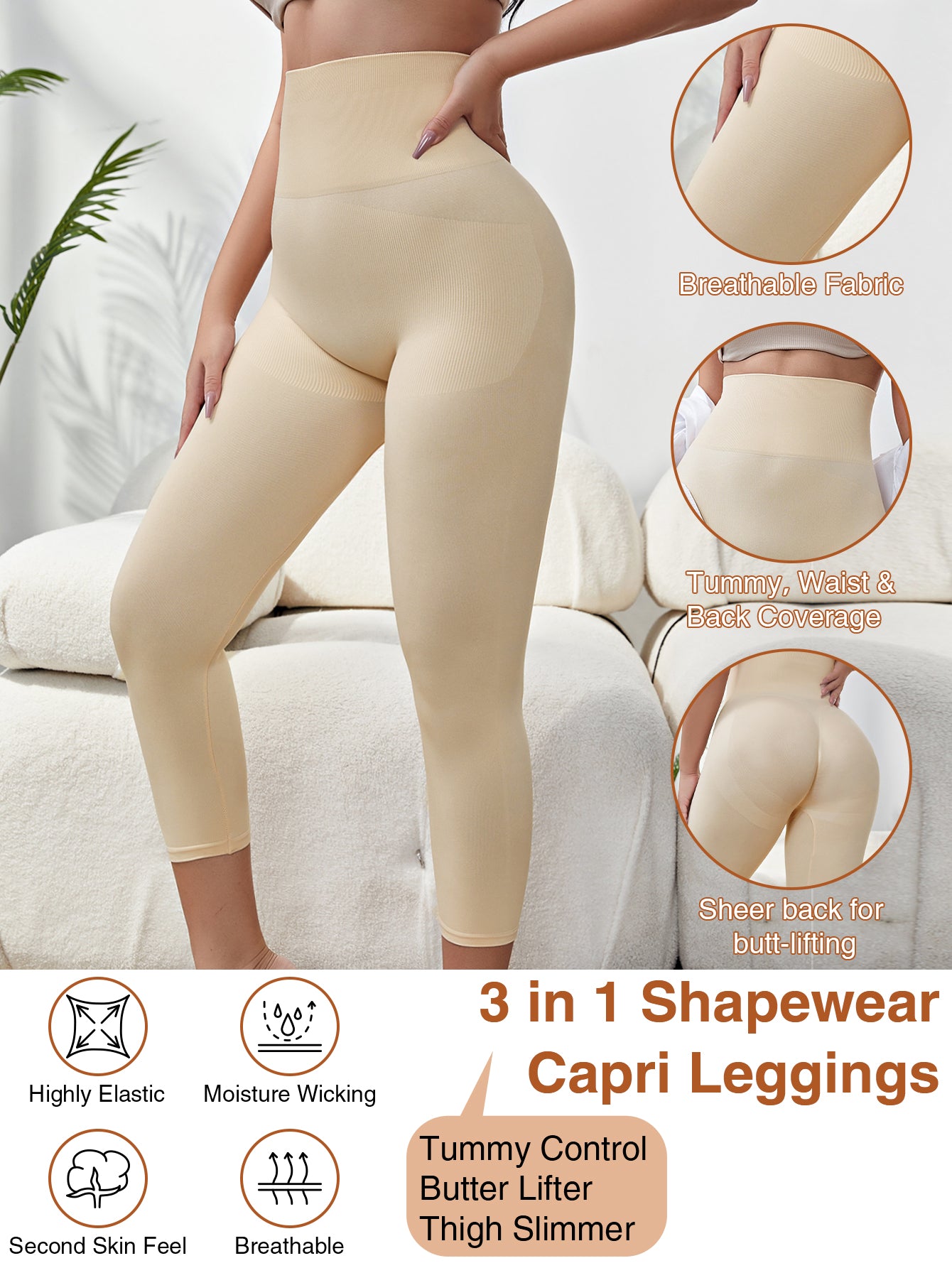 High waist tummy control leggings for women butt-lift shapewear capri