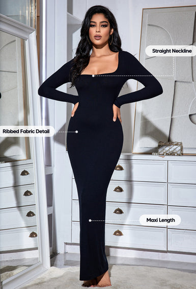 Square Neck Long Sleeve Slip Dress Ribbed Soft Lounge Dress