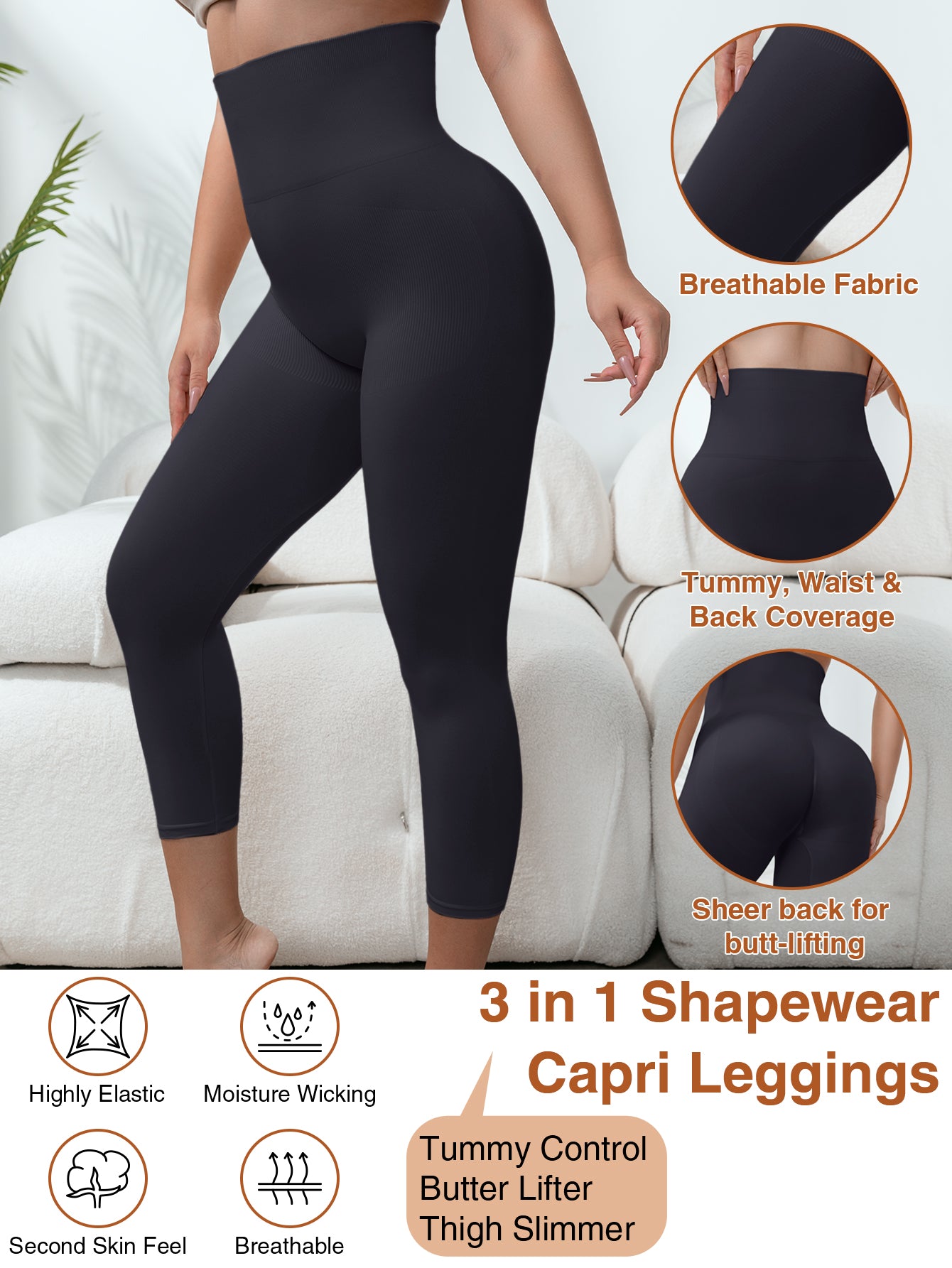 High waist tummy control leggings for women butt-lift shapewear capri