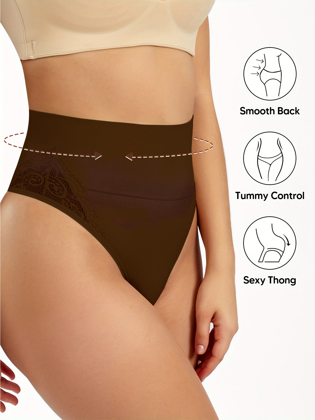 Women's Lace Thong Shapewear, High Waisted  Shaping Thong Panties Underwear