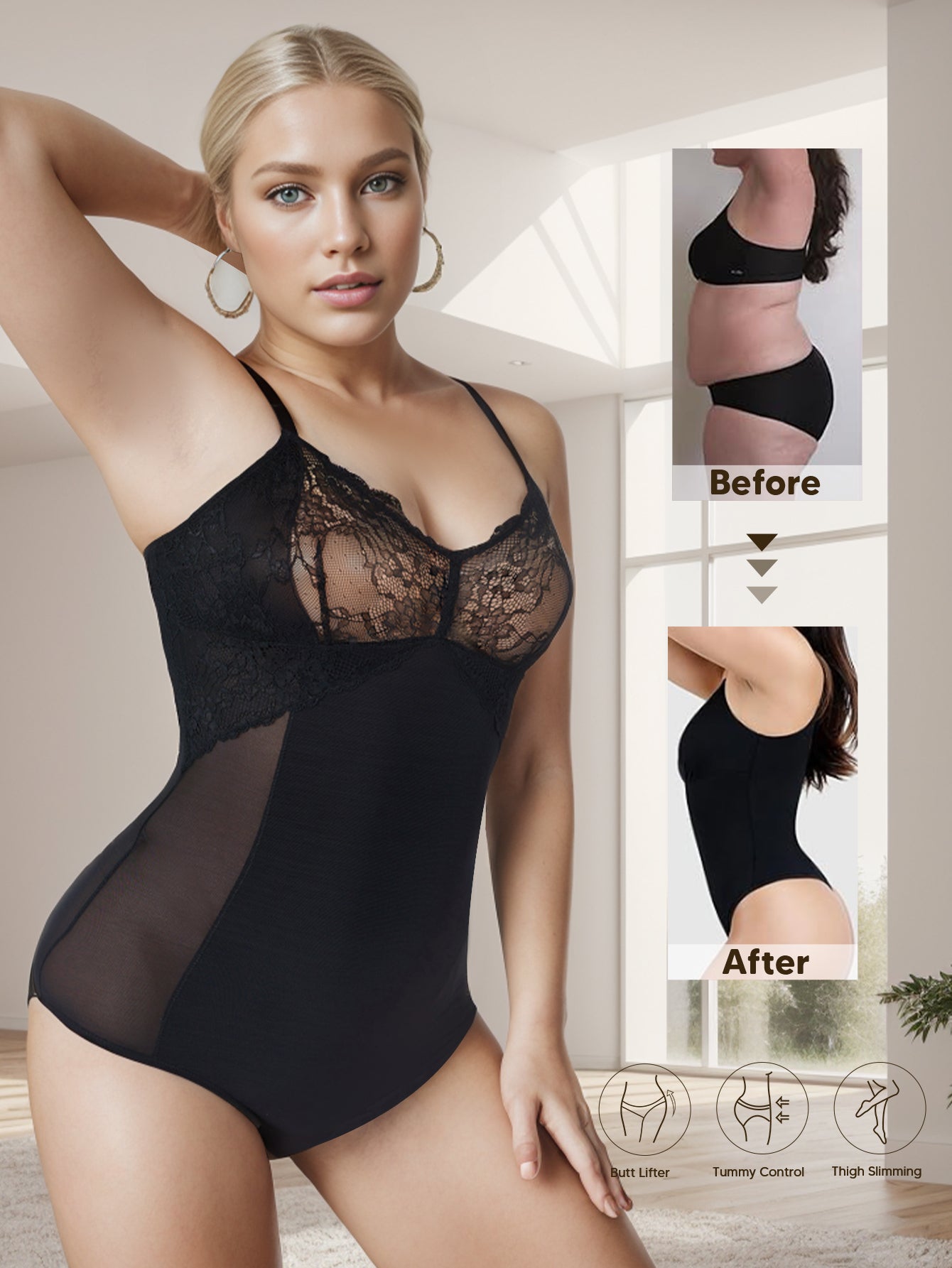 Lace Bodysuit for Women Tummy Control Shapewear One Piece Body Shaper Thongs