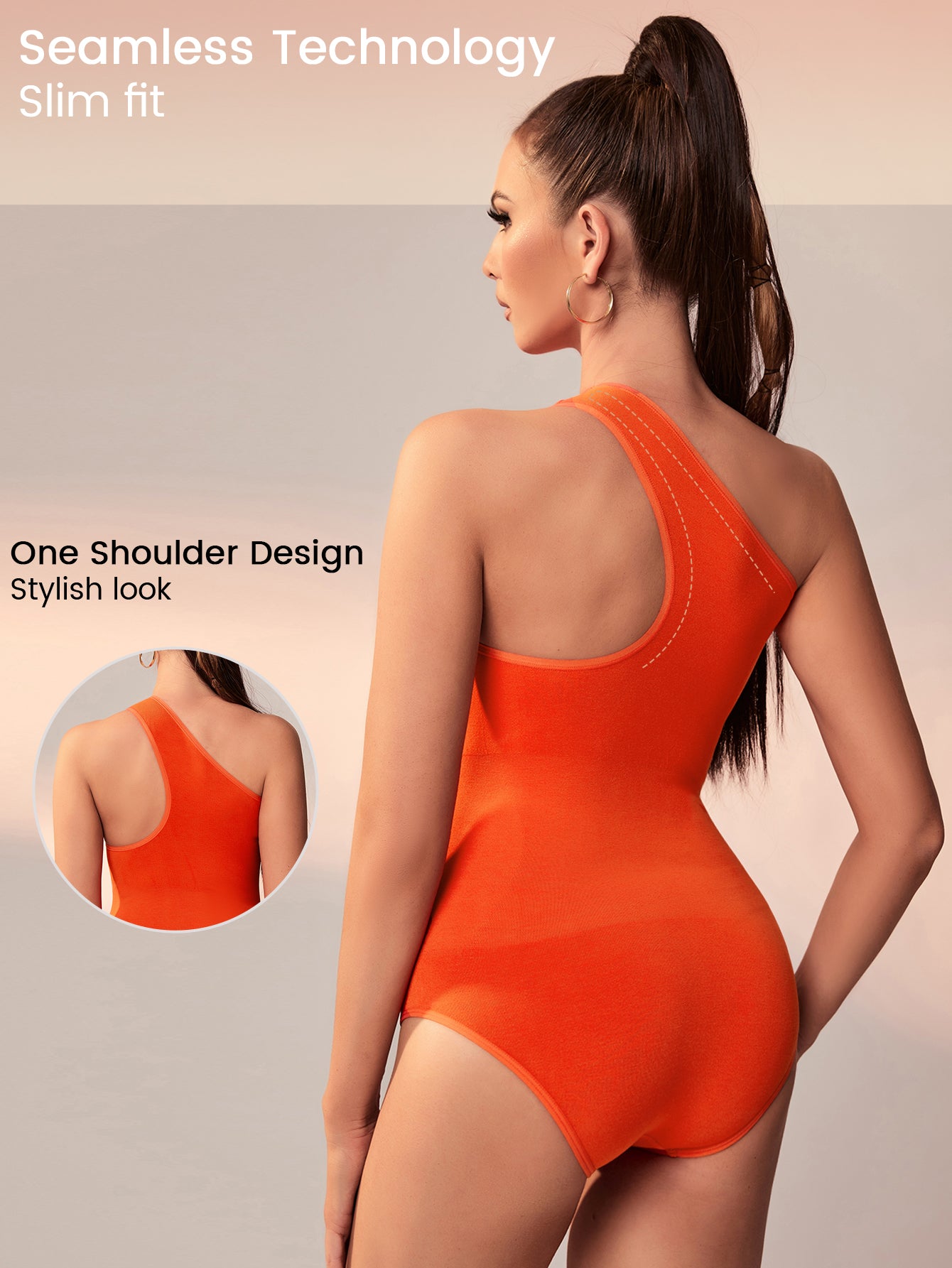 MUEE Solid Sleeveless One Shoulder One Piece Shaping Thong Bodysuit