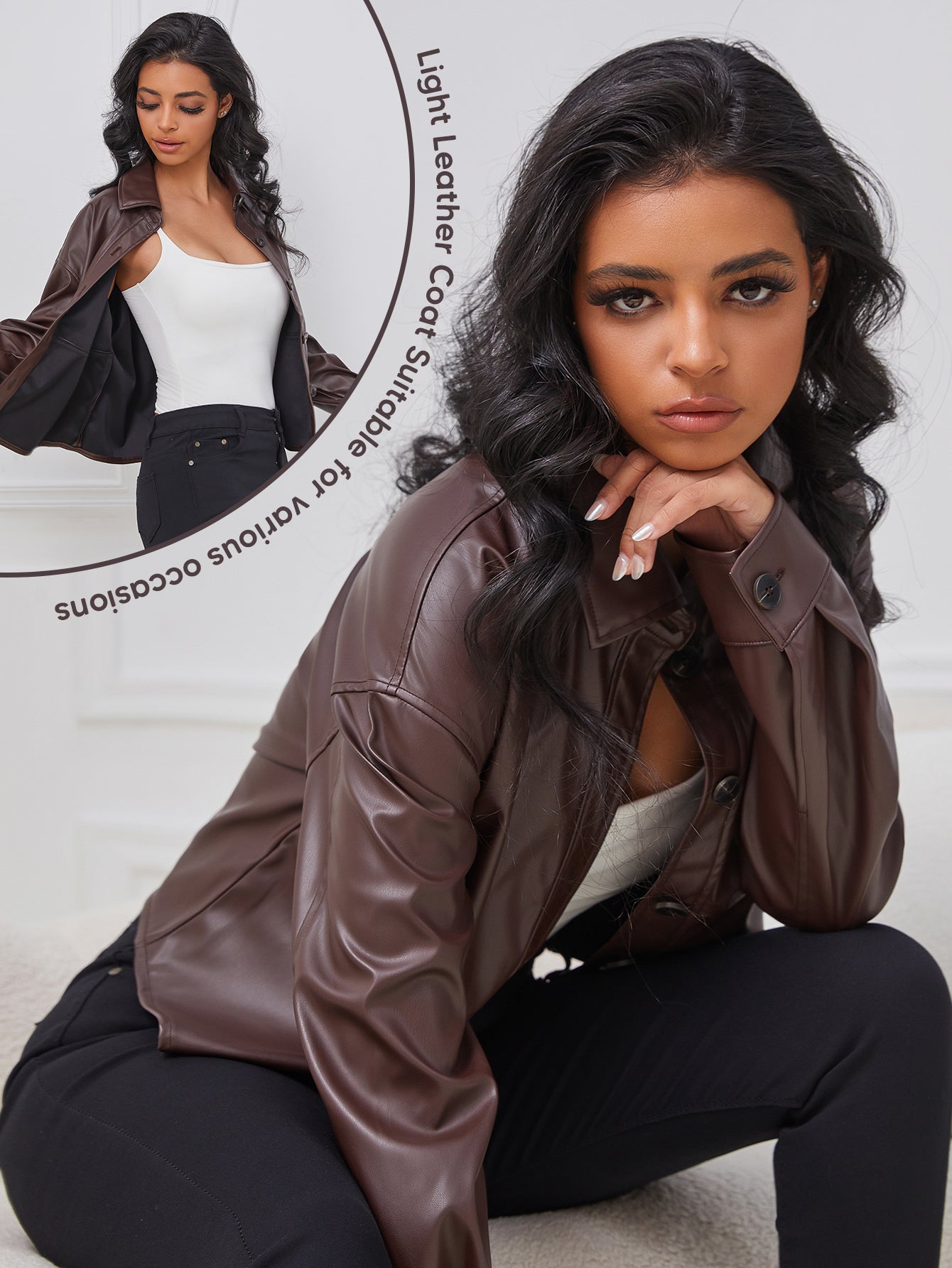 Women Retro Brown Faux Leather Old Money Aesthetic Vintage Fall Jacket