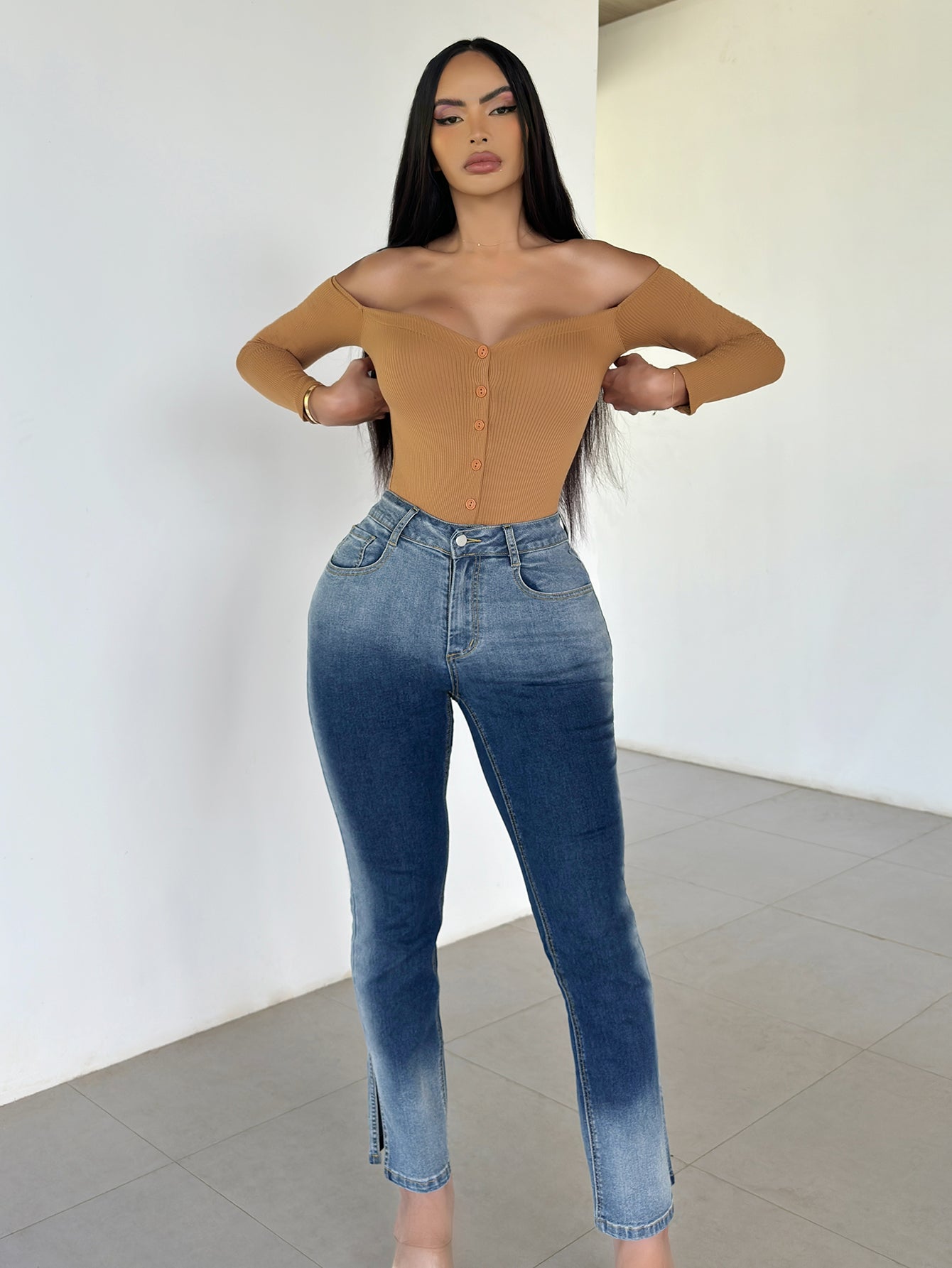 Denim Relaxed Fit High Waist Solid Gradient Straight Leg Jeans Pants