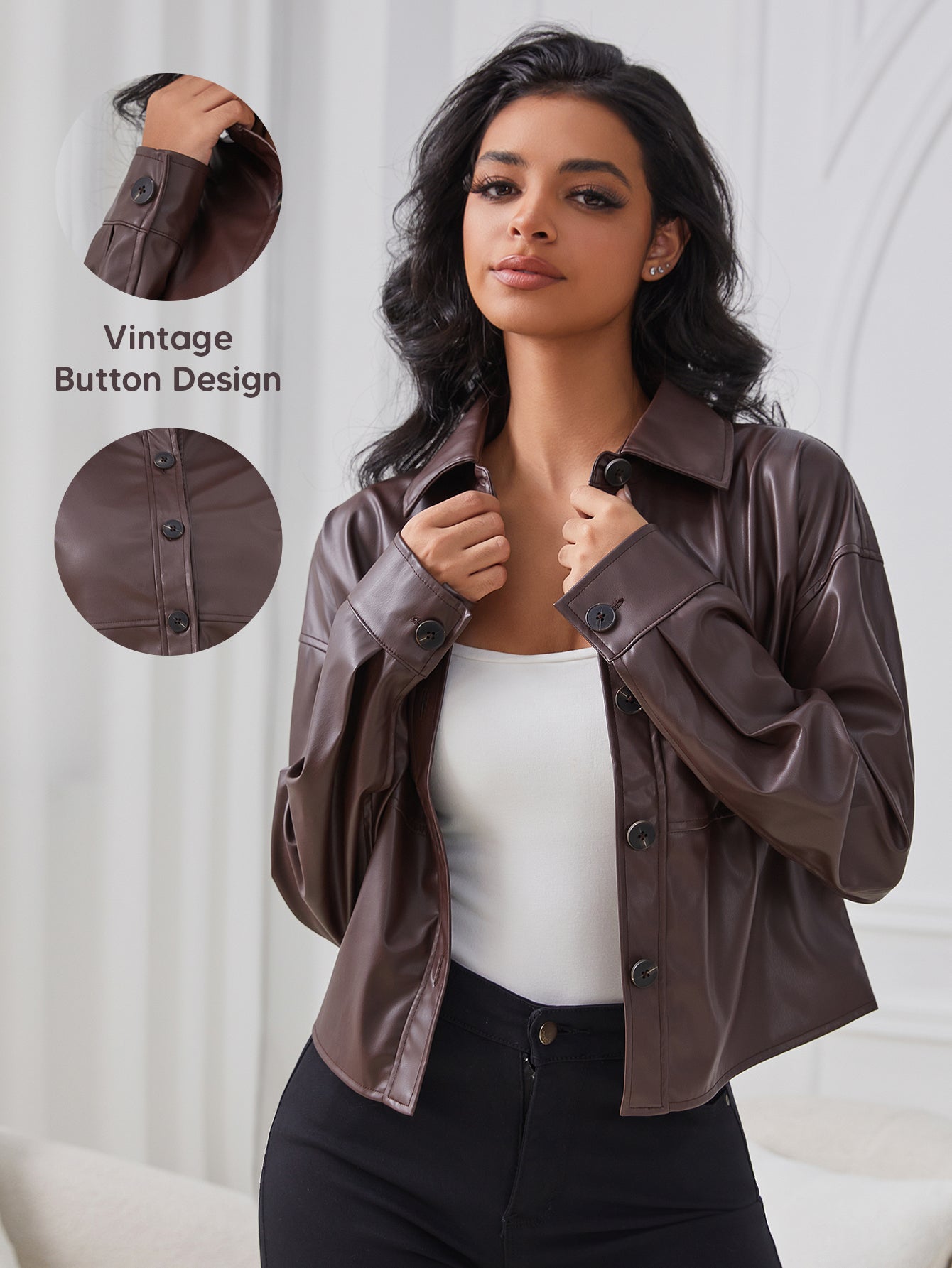 Women Retro Brown Faux Leather Old Money Aesthetic Vintage Fall Jacket