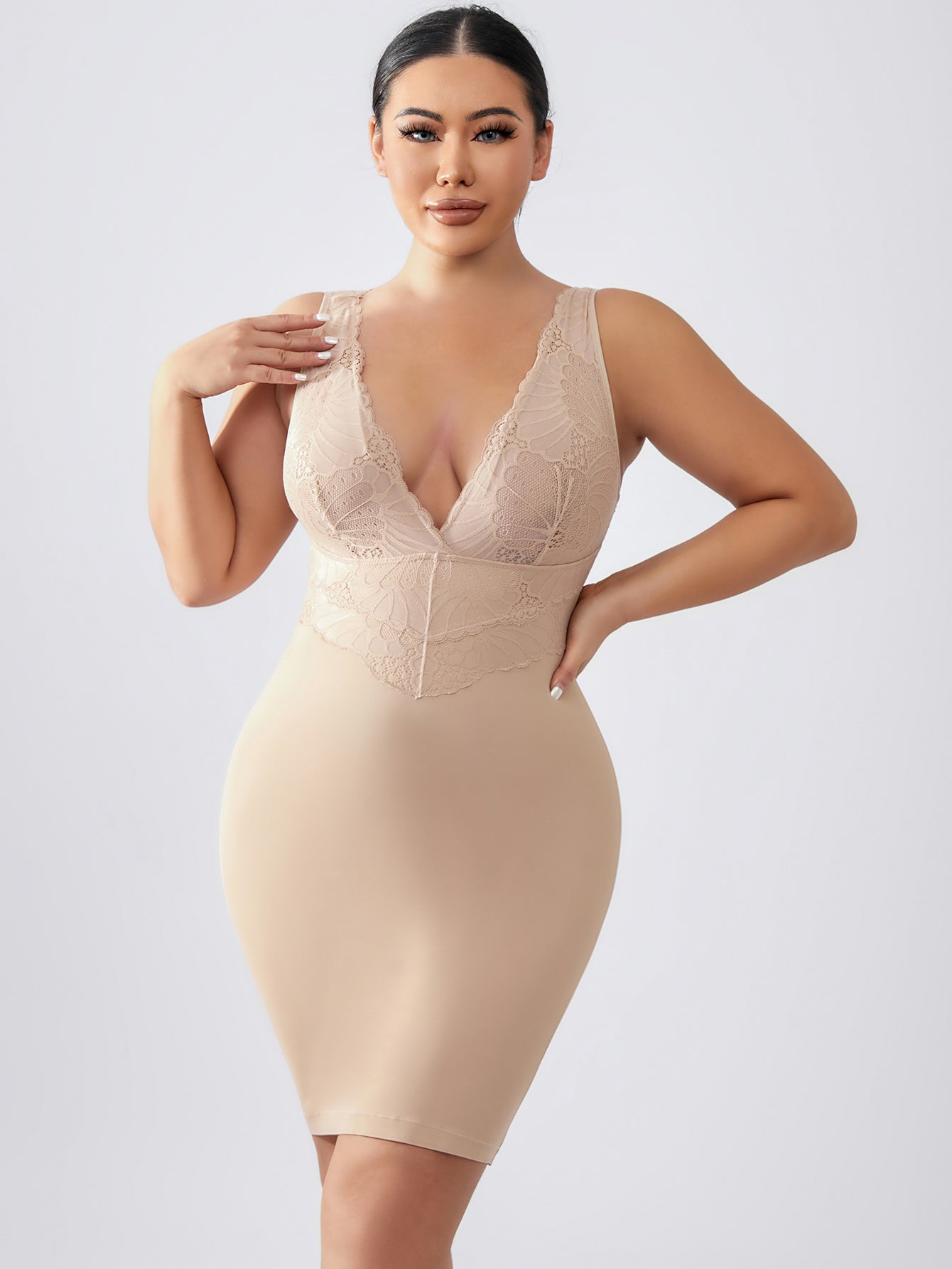 Lace Shapewear Dresses Deep V Neck Full Body Shaper Bodycon Mini Party Dresses