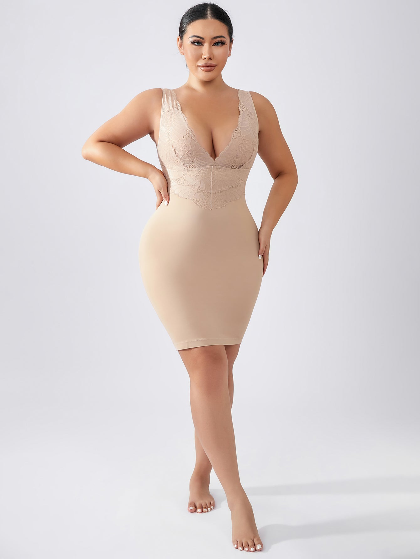 Lace Shapewear Dresses Deep V Neck Full Body Shaper Bodycon Mini Party Dresses