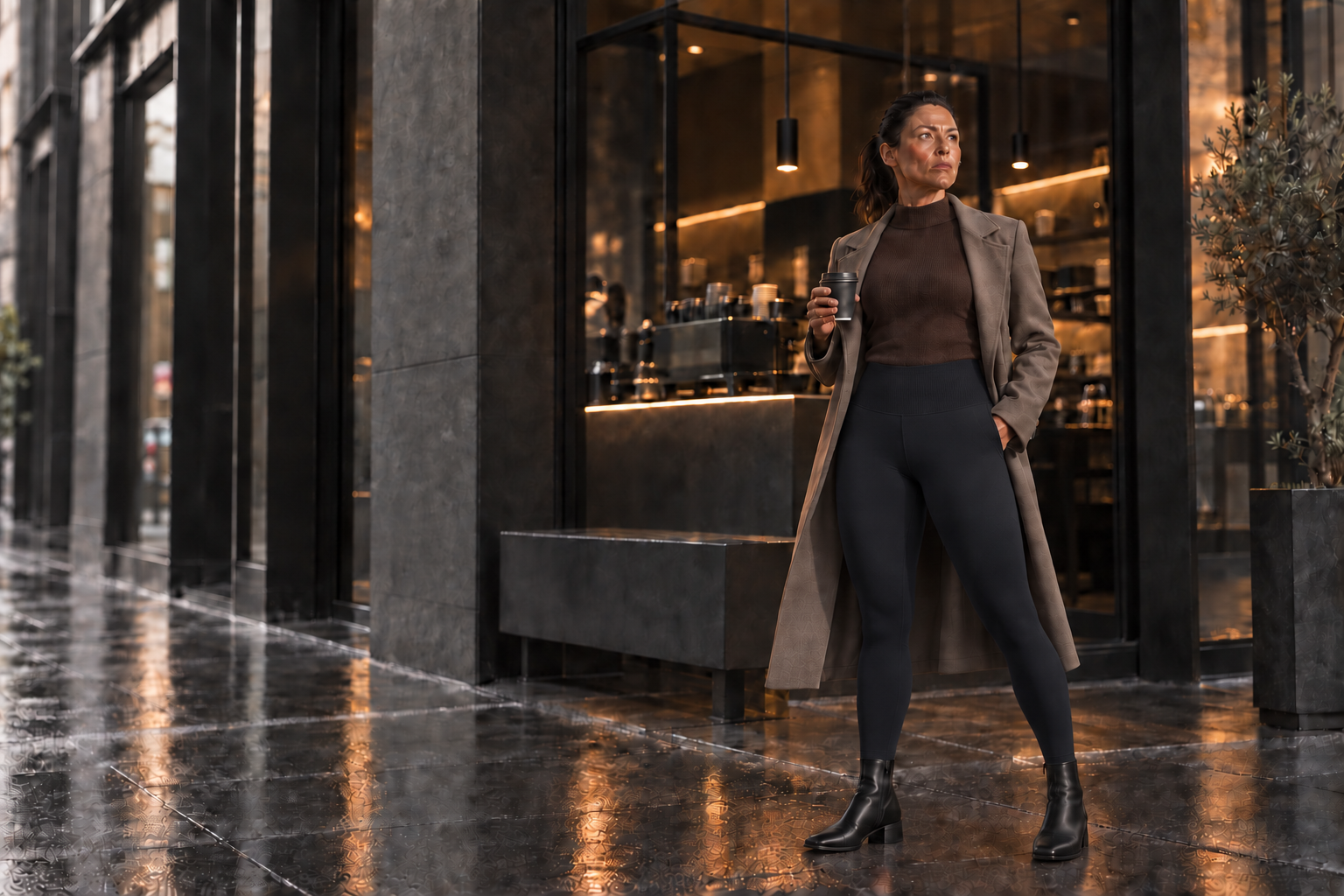 Muee Black Label leggings styled for a high-street café look