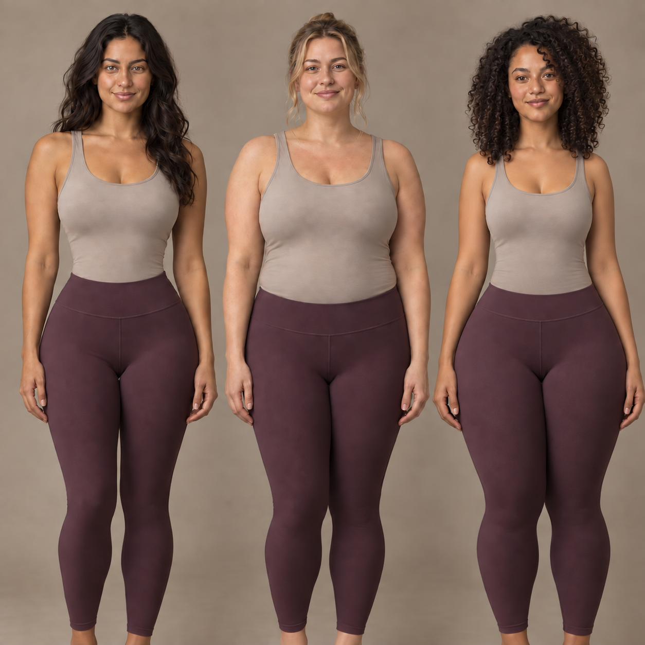 Three women wearing the same Muee leggings, shown from left to right in Hourglass, Apple, and Pear proportions